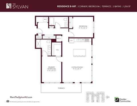 Floor plan for 2 beds, 2 baths, 1256 sqft